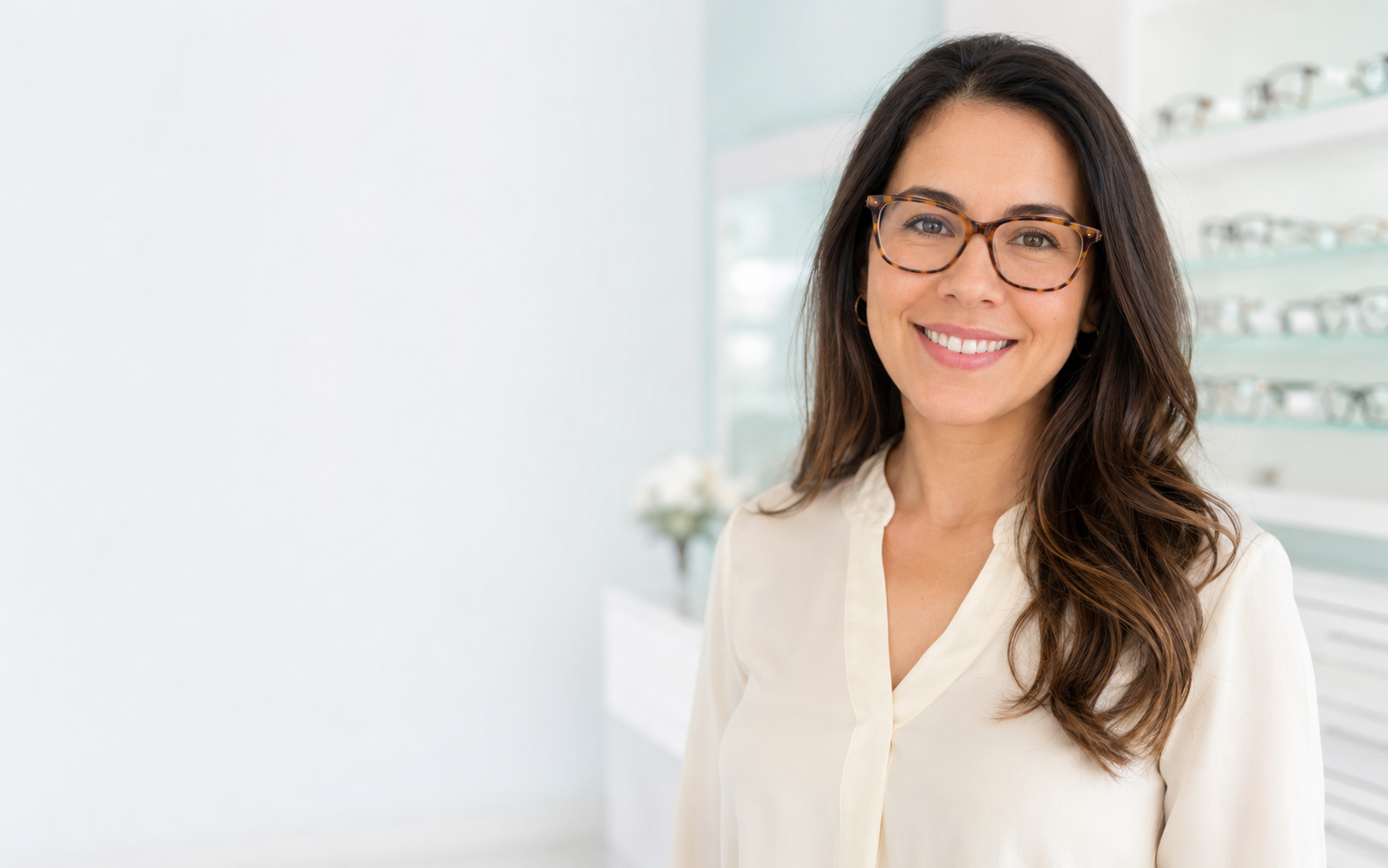 Mujer usando lentes ópticos en un espacio luminoso